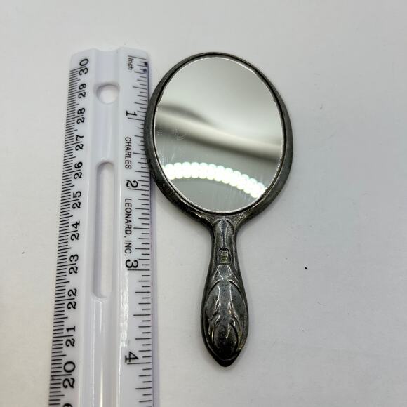 Vintage Antique Small 4 in Handheld Mirror "Alexa" Roses Pewter Signed RB? - Picture 2 of 8